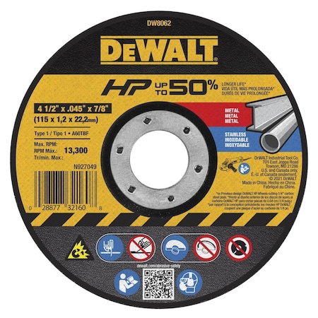 Dewalt Cut Off Wheel, 4-1/2"X.045"X7/8" Metal Cut-Off Wheel Type 1 DW8062Z
